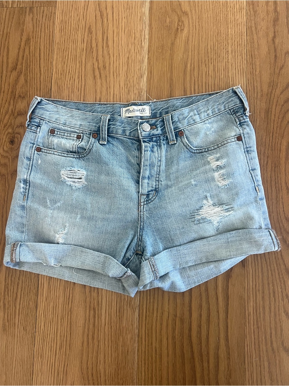 Madewell Light Wash Distressed Rolled Hem Denim Shorts